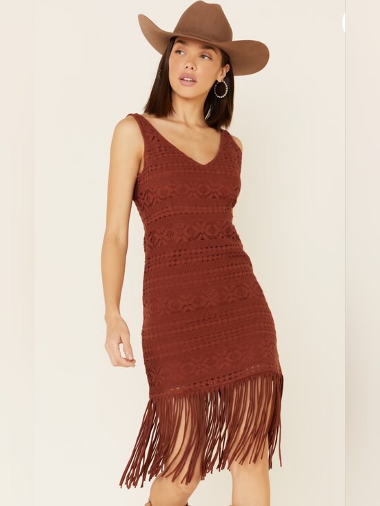 Shyanne Dresses & Skirts - SHYANNE Western 100% Cotton Crochet Fringe Sleeveless Midi Dress Large Rust